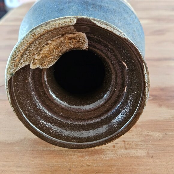 Drip glaze, blue, tan & grey layered Handcrafted studio art pottery vase - Picture 5 of 11